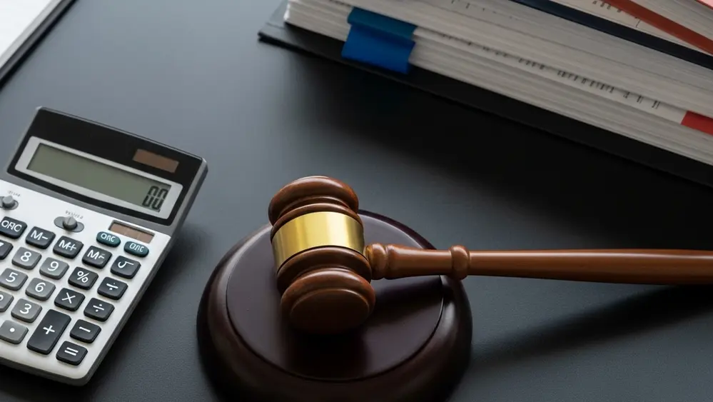 An overhead view of a wooden gavel resting on a desk next to a calculator and a neatly organized stack of medical records and folders.