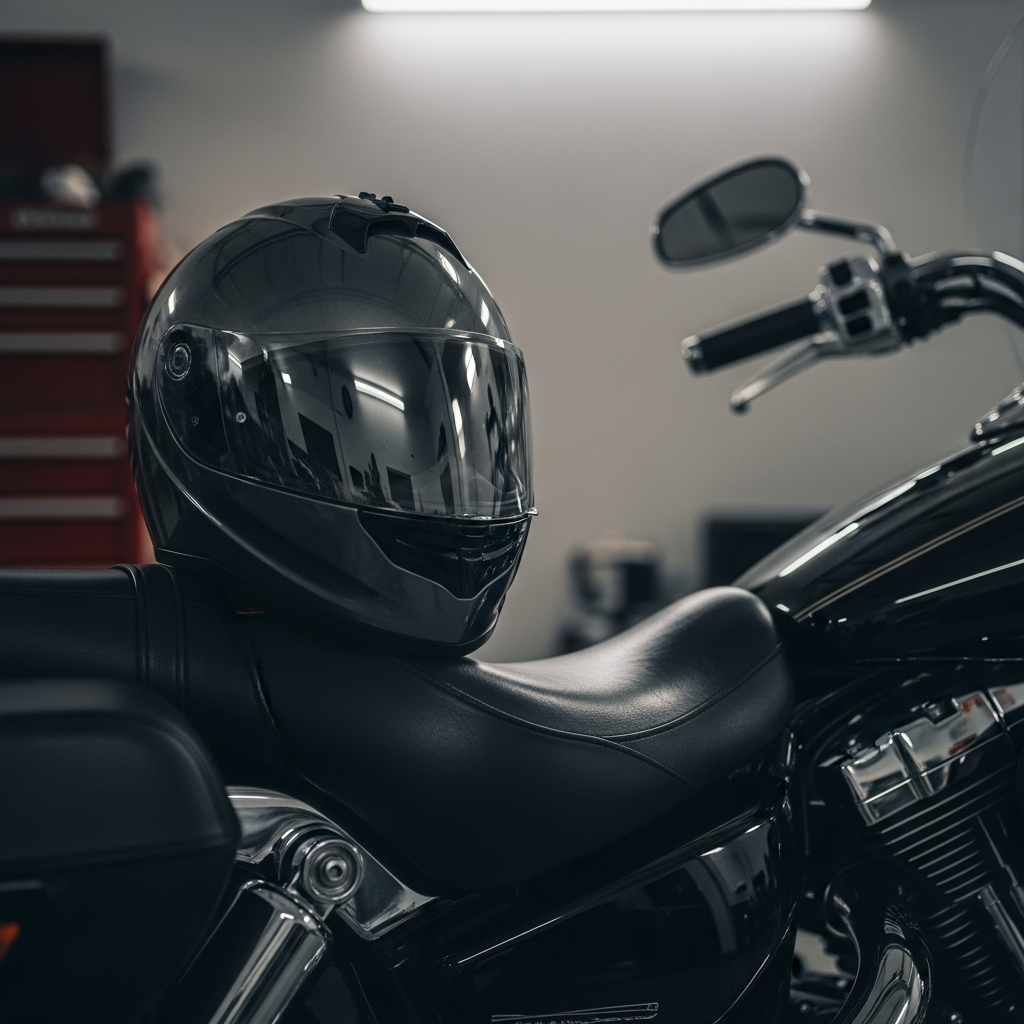 A modern motorcycle helmet resting on the seat of a parked cruiser motorcycle in a garage.