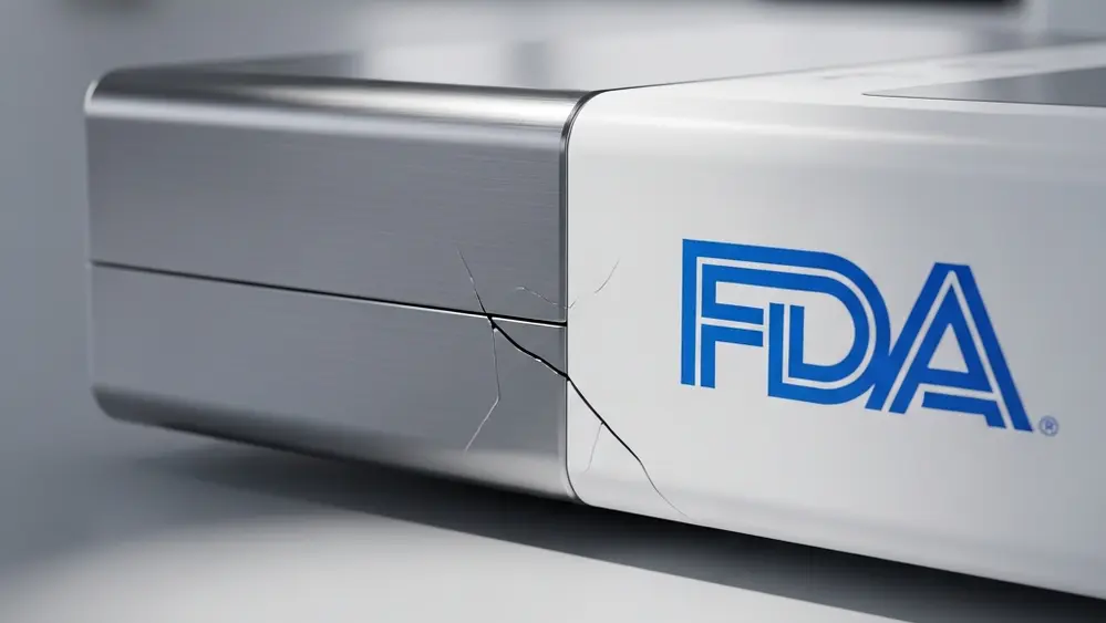 Close-up of a medical device with an FDA logo partially visible, implying oversight and potential failure.