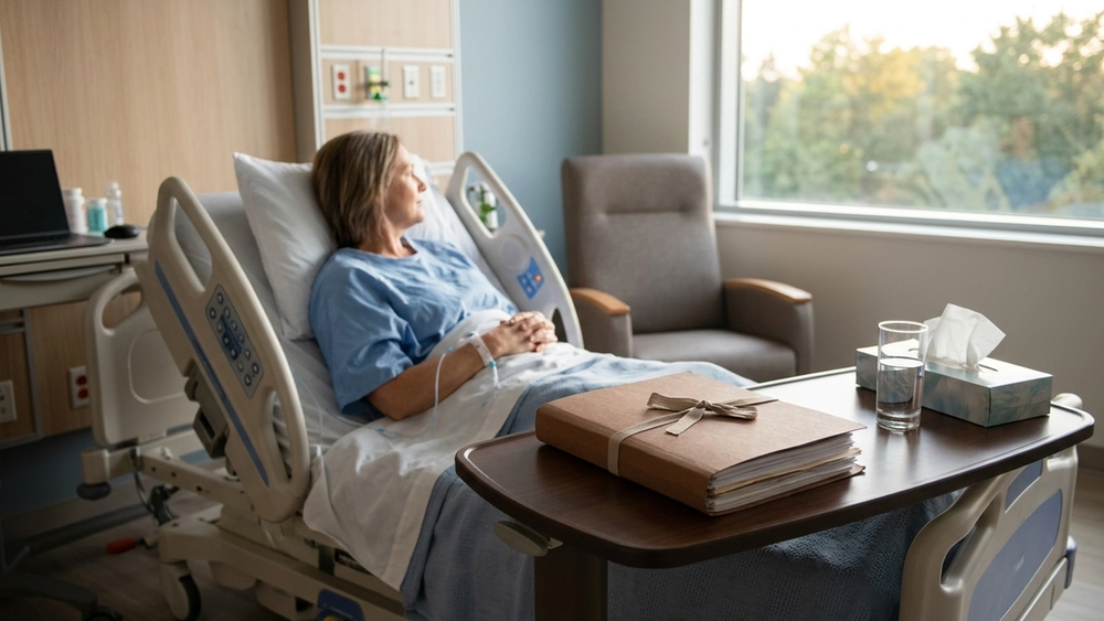 A modern hospital room with a patient bed and a legal folder resting on a nearby table, representing the intersection of healthcare and law.