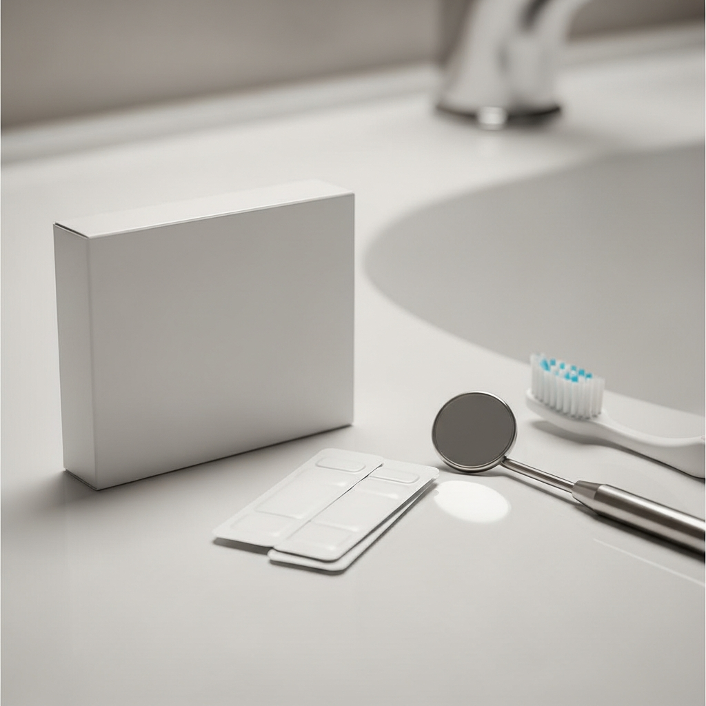 Sublingual medication strips in a generic box sitting next to a professional dental mirror and toothbrush on a clean bathroom counter.