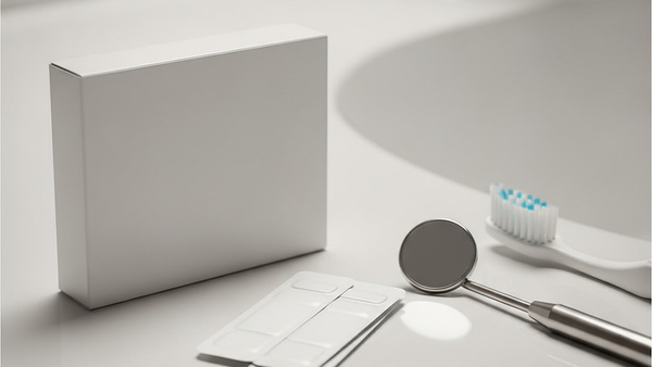 Sublingual medication strips in a generic box sitting next to a professional dental mirror and toothbrush on a clean bathroom counter.