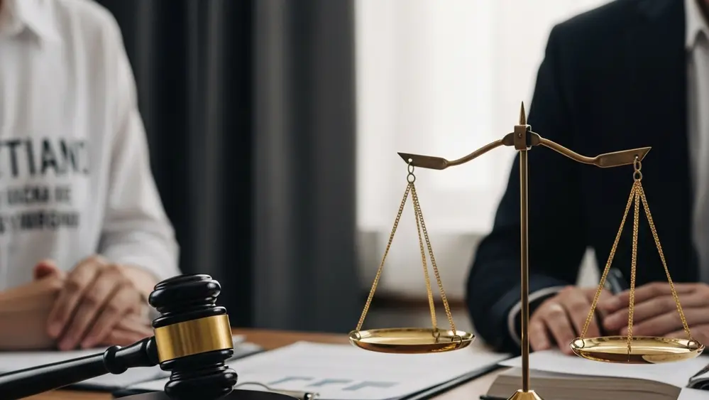 An abstract image showing a gavel resting on a wooden table next to a pair of scales of justice, symbolizing legal accountability and the pursuit of fairness.