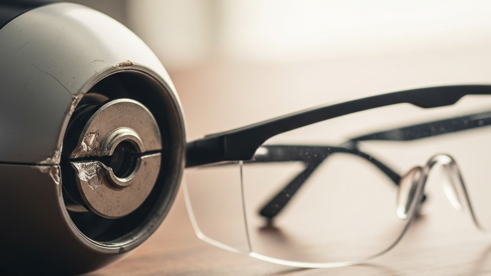 A close-up of a consumer product with a visible mechanical defect, resting on a wooden table next to a pair of protective glasses.