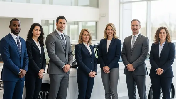 A professional group of diverse employees standing in a modern car dealership showroom near a white sedan in an office setting.