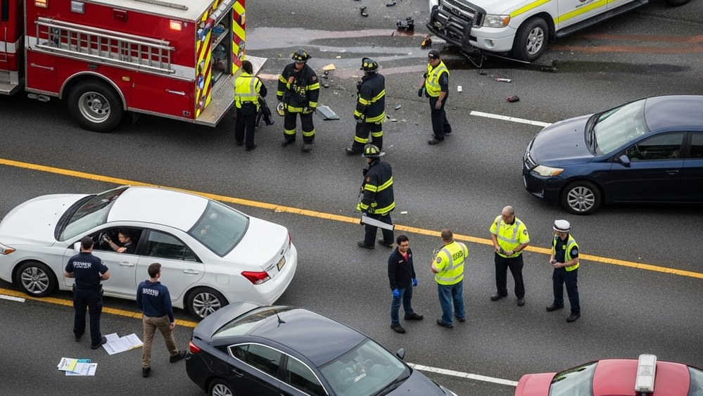 Aerial view of a multi-vehicle collision scene with emergency responders and investigators on a California highway.