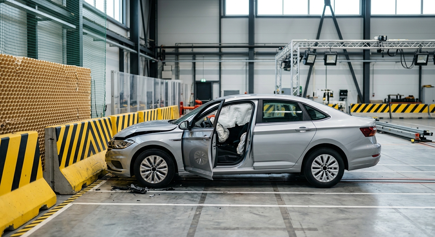 A modern silver sedan with a deployed driver-side airbag parked in a safety testing facility with crash test barriers nearby