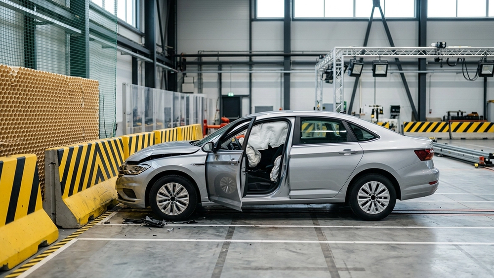 A modern silver sedan with a deployed driver-side airbag parked in a safety testing facility with crash test barriers nearby
