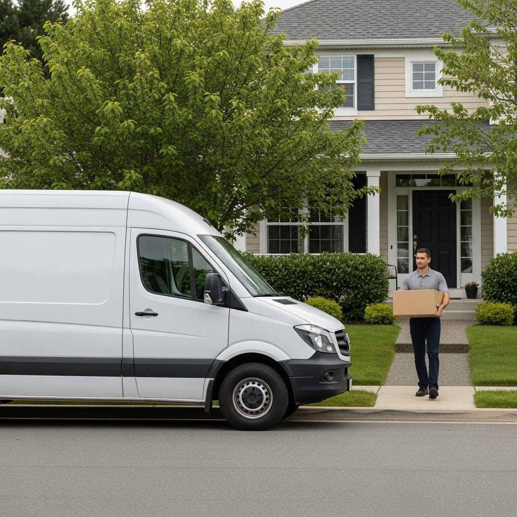 A white delivery van parked on a suburban street with a delivery person walking toward a house carrying a cardboard package.