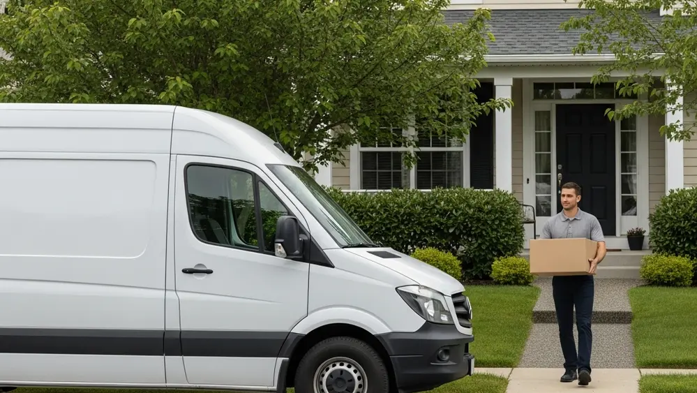 A white delivery van parked on a suburban street with a delivery person walking toward a house carrying a cardboard package.
