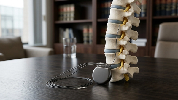 A small, metallic spinal cord stimulator device with thin electrical leads rests on a dark surface next to a medical model of a human spine.