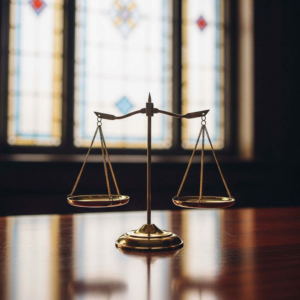 A symbolic pair of brass scales of justice standing on a mahogany desk in front of a soft-focus stained glass window background.
