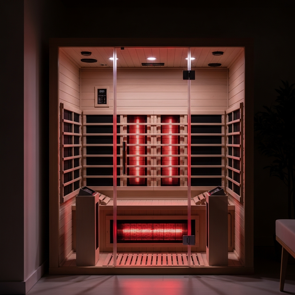 A modern infrared sauna with glass doors and wooden interior panels sits in a dimly lit room, with glowing red heating elements reflected in the glass door.