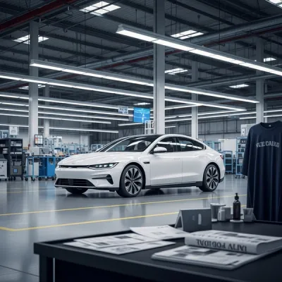 A sleek white electric sedan parked inside a vast, modern industrial manufacturing plant with overhead lighting and a polished floor.