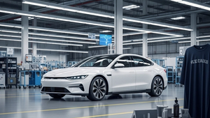 A sleek white electric sedan parked inside a vast, modern industrial manufacturing plant with overhead lighting and a polished floor.