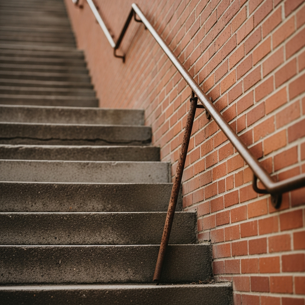 A steep outdoor concrete staircase with a rusted, detached handrail leaning against a brick wall.
