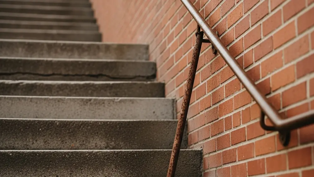 A steep outdoor concrete staircase with a rusted, detached handrail leaning against a brick wall.