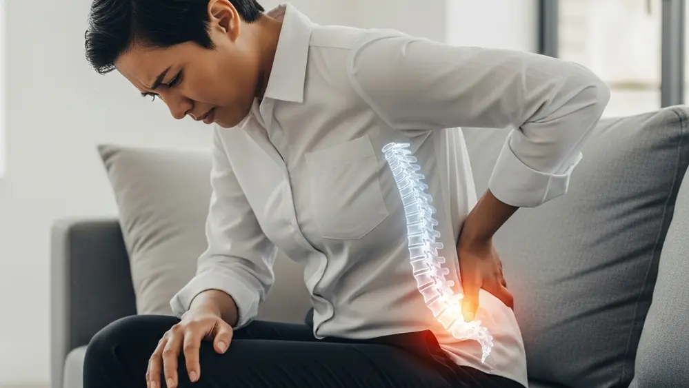 A person sitting on a sofa holding their lower back in pain, with a glowing medical illustration of a spine superimposed on their back.