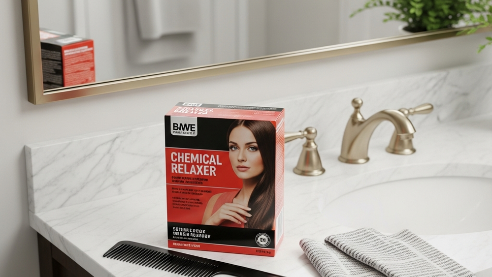 A box of chemical hair relaxer and a styling comb sitting on a marble bathroom vanity next to a mirror without any readable text or logos.