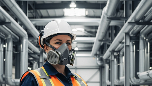 A person wearing high-visibility safety gear and a respirator mask standing in a large industrial warehouse facility with metal pipes.