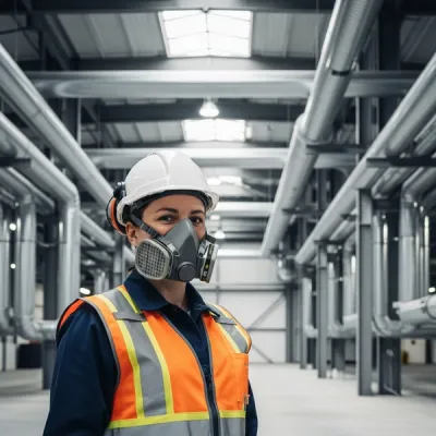 A person wearing high-visibility safety gear and a respirator mask standing in a large industrial warehouse facility with metal pipes.