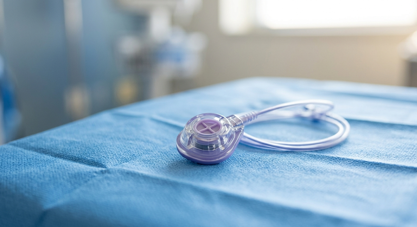 A close-up view of a medical Bard PowerPort catheter device resting on a clean, sterile blue surgical surface in a hospital.