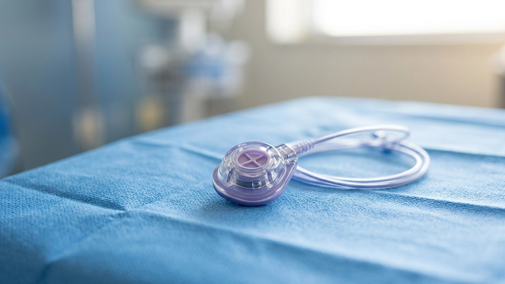 A close-up view of a medical Bard PowerPort catheter device resting on a clean, sterile blue surgical surface in a hospital.
