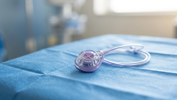 A close-up view of a medical Bard PowerPort catheter device resting on a clean, sterile blue surgical surface in a hospital.