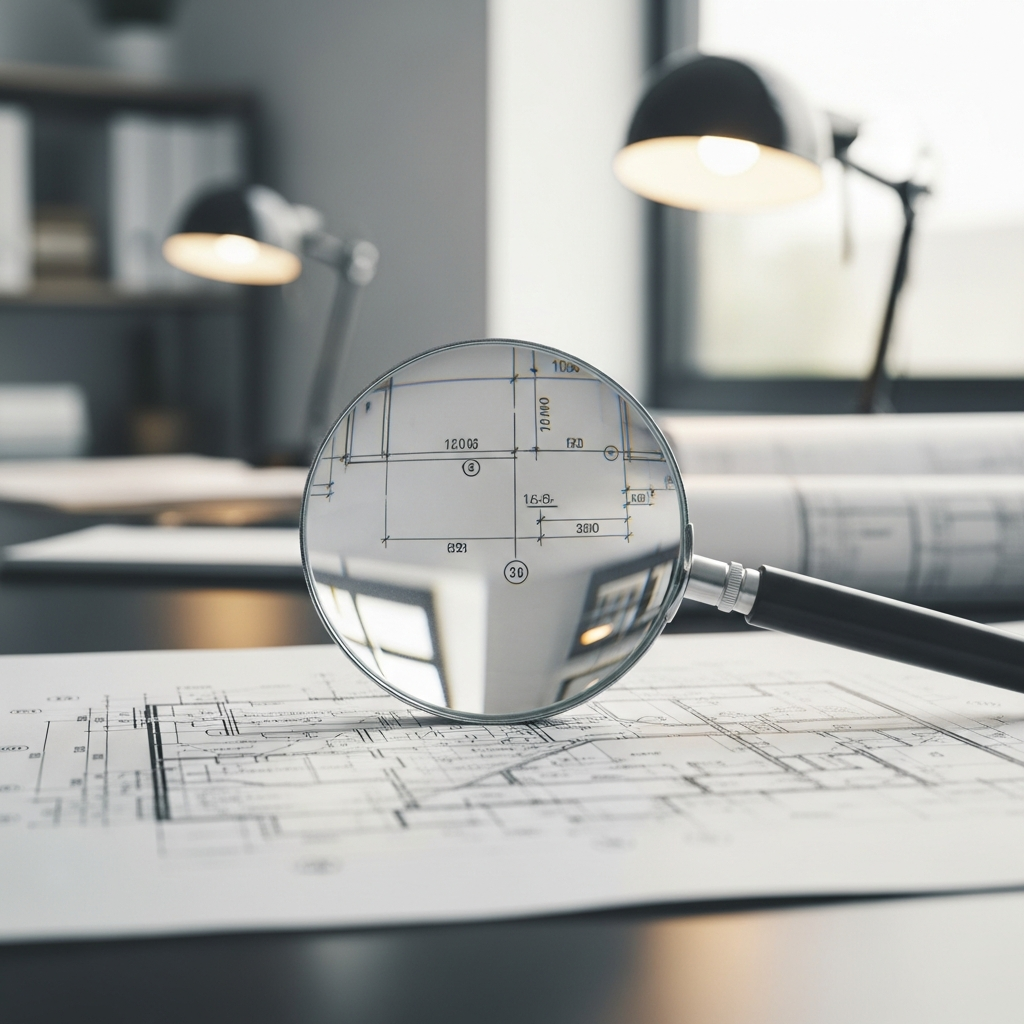 A large magnifying glass rests on top of a detailed technical blueprint and a set of intricate architectural drawings on a desk in a brightly lit office.