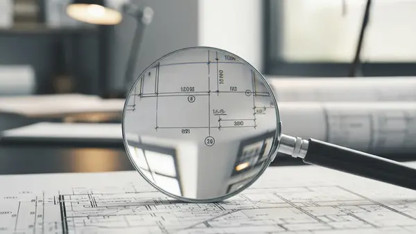 A large magnifying glass rests on top of a detailed technical blueprint and a set of intricate architectural drawings on a desk in a brightly lit office.