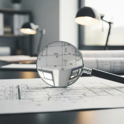 A large magnifying glass rests on top of a detailed technical blueprint and a set of intricate architectural drawings on a desk in a brightly lit office.