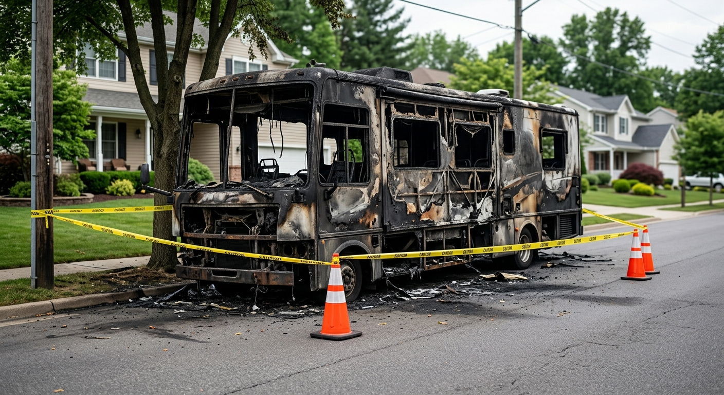 The charred remains of a large recreational vehicle parked on a residential street with emergency cones and yellow tape around the perimeter