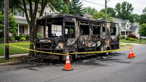 The charred remains of a large recreational vehicle parked on a residential street with emergency cones and yellow tape around the perimeter