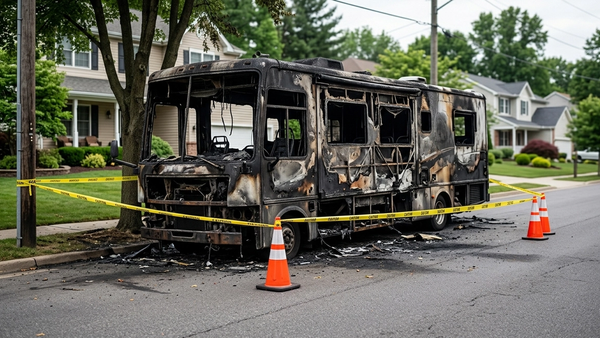 The charred remains of a large recreational vehicle parked on a residential street with emergency cones and yellow tape around the perimeter