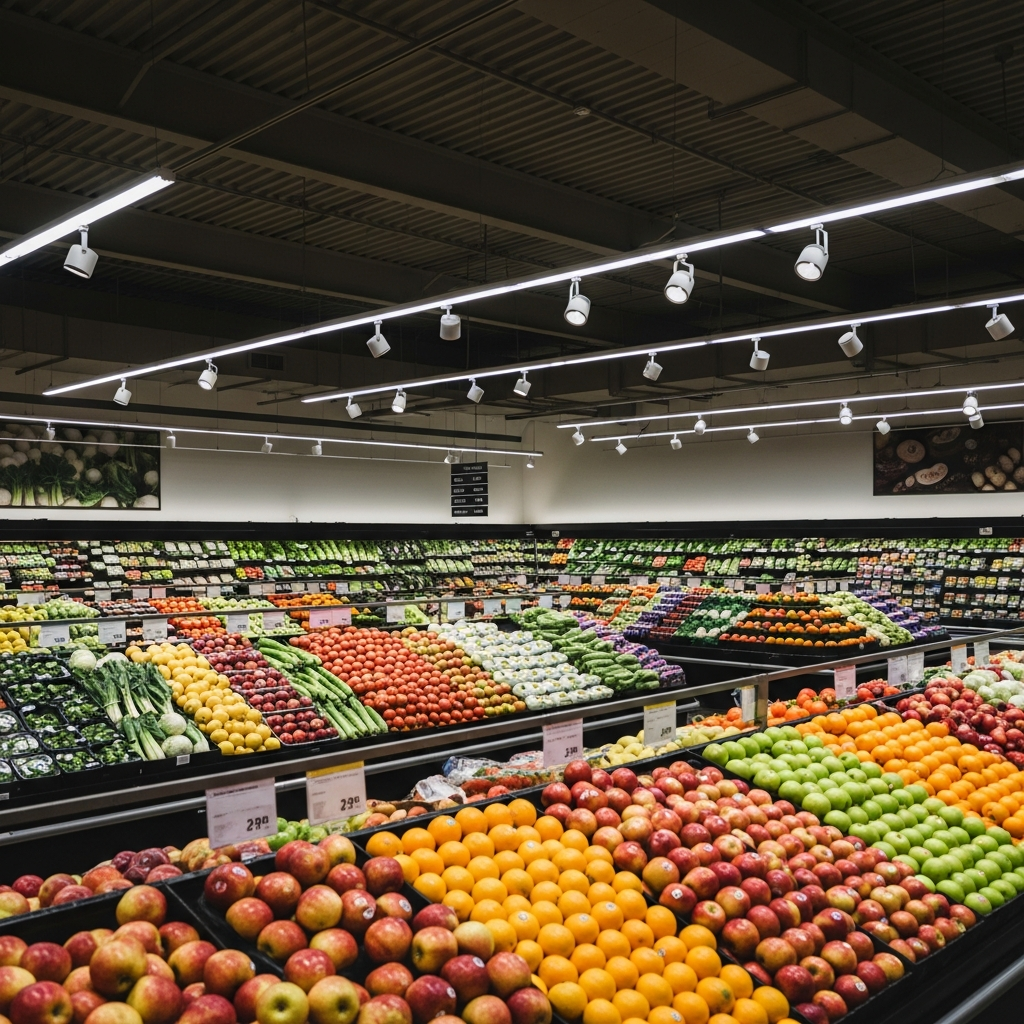 An interior view of a large, well-lit supermarket produce section with rows of fresh fruits and vegetables under bright industrial lighting.