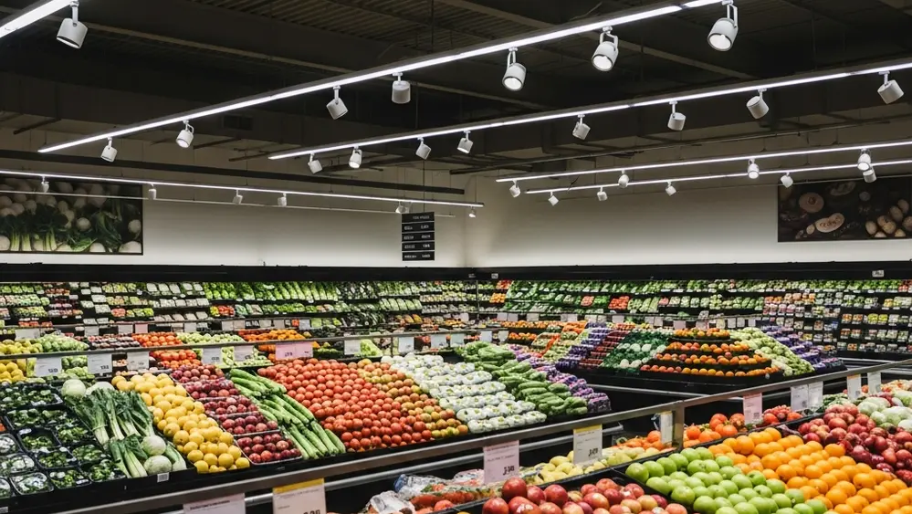 An interior view of a large, well-lit supermarket produce section with rows of fresh fruits and vegetables under bright industrial lighting.