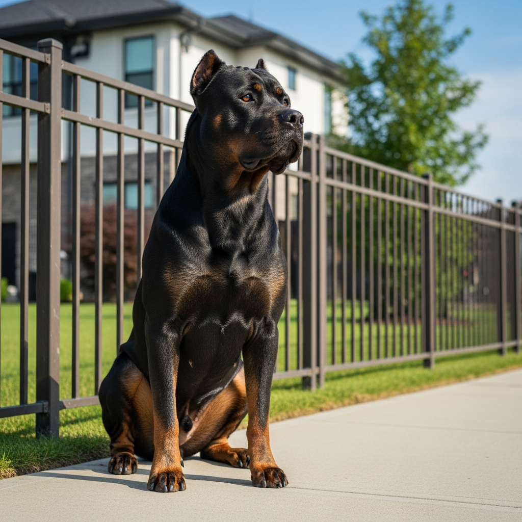 A large, muscular dog with a dark coat sitting on a suburban sidewalk next to a metal fence, looking alertly at its surroundings.