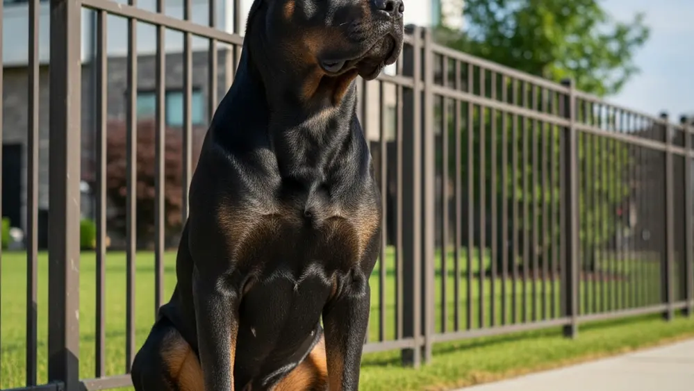 A large, muscular dog with a dark coat sitting on a suburban sidewalk next to a metal fence, looking alertly at its surroundings.