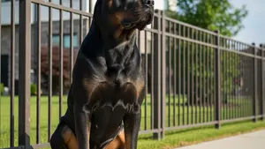 A large, muscular dog with a dark coat sitting on a suburban sidewalk next to a metal fence, looking alertly at its surroundings.