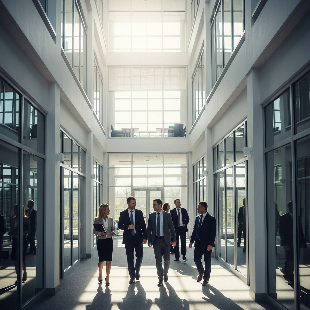 A clean, modern office building with glass walls and professional people walking through a sunny atrium.