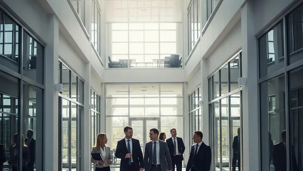 A clean, modern office building with glass walls and professional people walking through a sunny atrium.