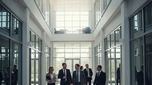 A clean, modern office building with glass walls and professional people walking through a sunny atrium.