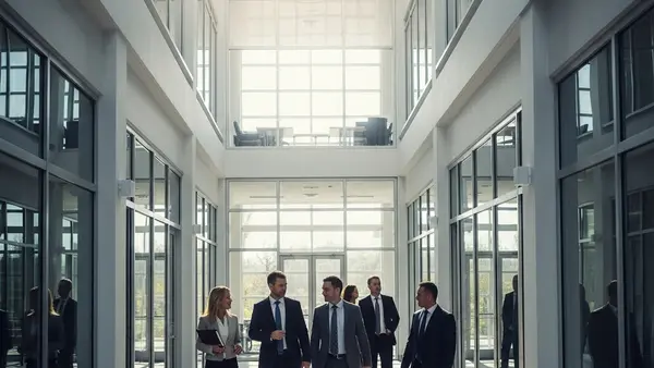 A clean, modern office building with glass walls and professional people walking through a sunny atrium.
