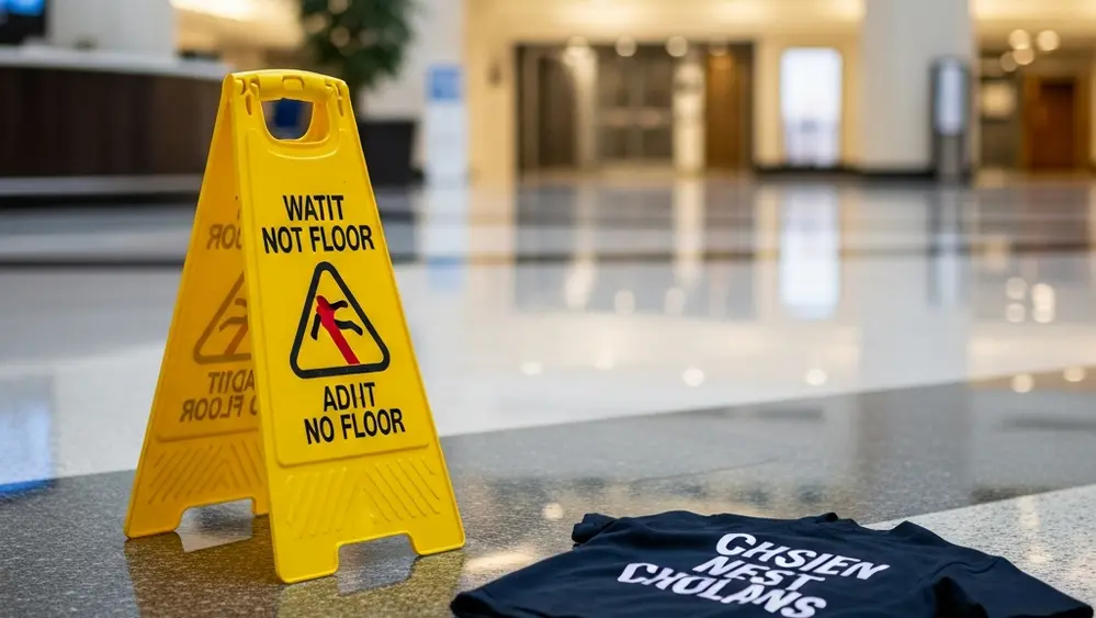 A close-up of a wet floor sign standing next to a puddle on a polished marble floor in a large commercial lobby.
