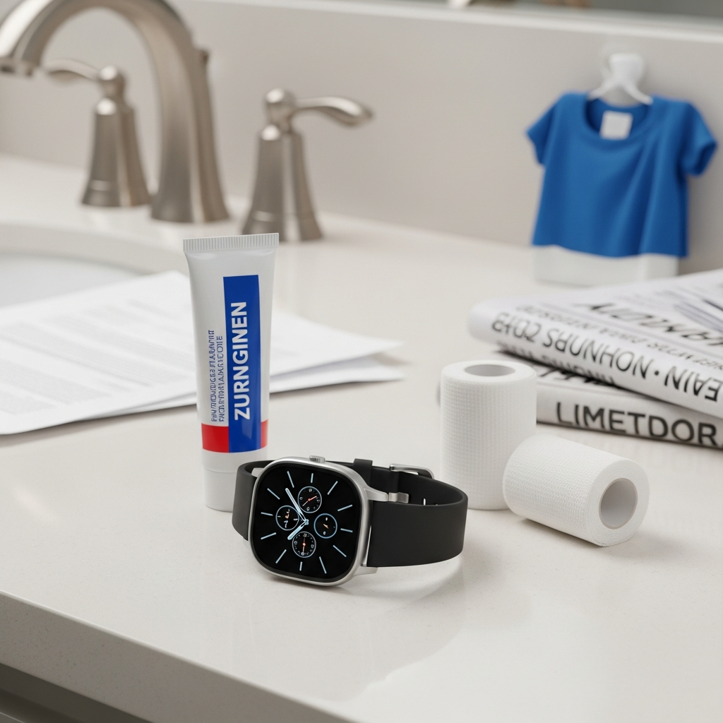 A modern silver smartwatch with a black silicone band resting on a clean bathroom counter next to a tube of burn ointment and a roll of white medical gauze.