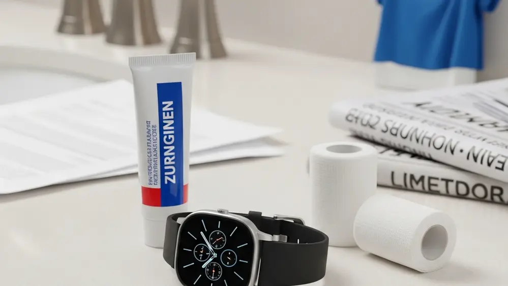 A modern silver smartwatch with a black silicone band resting on a clean bathroom counter next to a tube of burn ointment and a roll of white medical gauze.