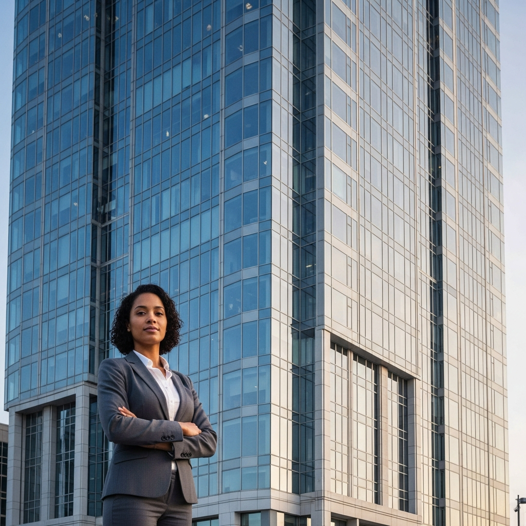 A professional woman standing in front of a glass corporate skyscraper reflecting the morning sky.