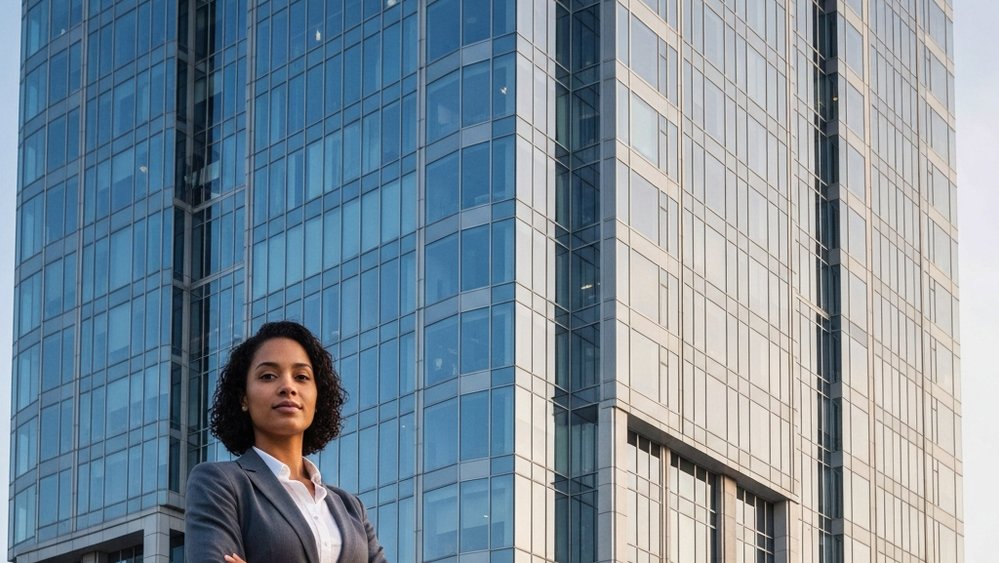 A professional woman standing in front of a glass corporate skyscraper reflecting the morning sky.