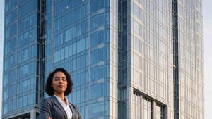 A professional woman standing in front of a glass corporate skyscraper reflecting the morning sky.