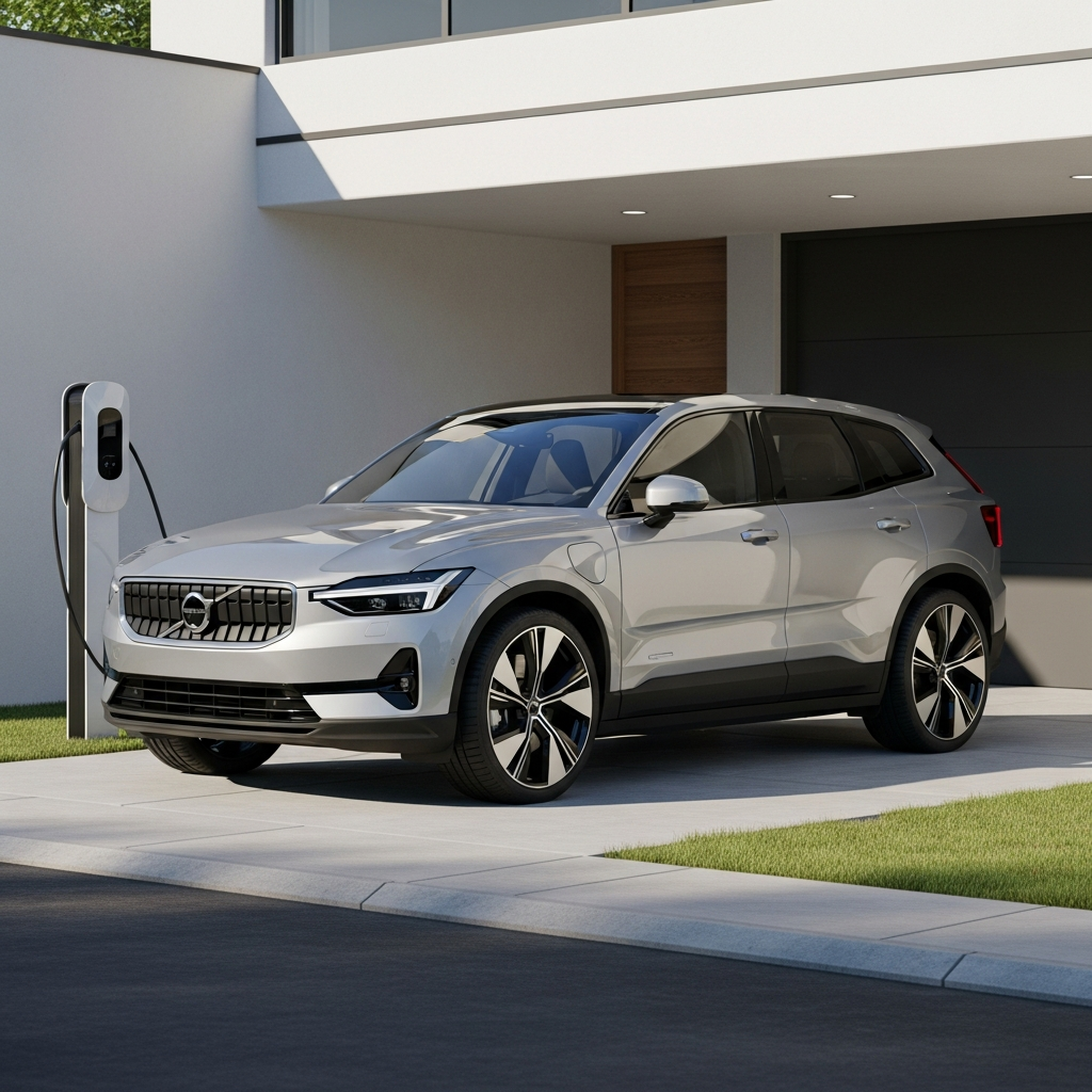 A silver Volvo electric SUV parked in a modern driveway next to a charging station, with a focus on the vehicle's sleek exterior design and large wheels.